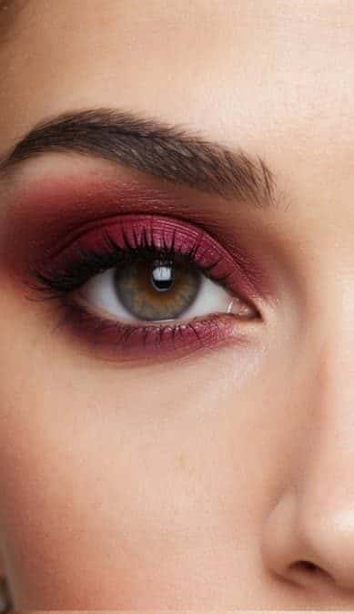 A close-up of a pair of eyes with bold and sophisticated maroon eye makeup, featuring a reddish brown transition