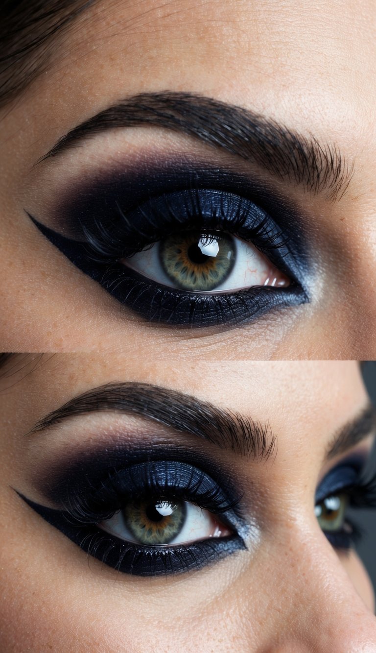 Close-up of a woman's eye with detailed makeup; features include bold eyeliner and dark, smoky eyeshadow with blue hues.