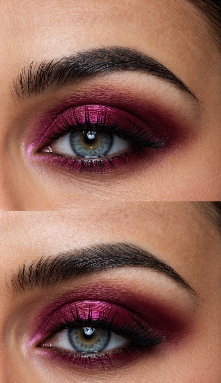 A close-up of bold and sophisticated maroon eye makeup with a pop of rouge, creating a dramatic and alluring evening look