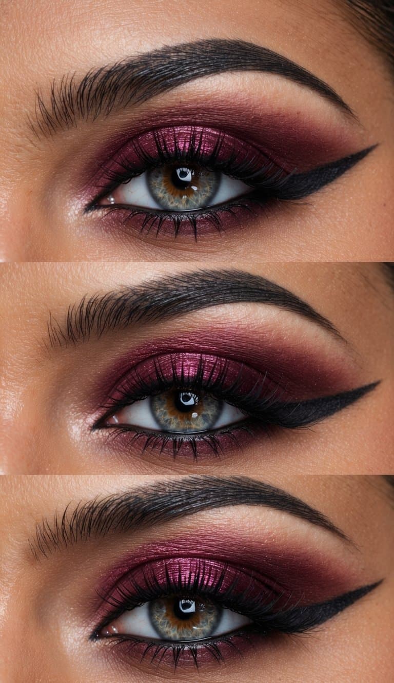 A close-up of a bold and sophisticated maroon eye makeup look with a brandy tinted cut crease, featuring intricate details and shimmering accents