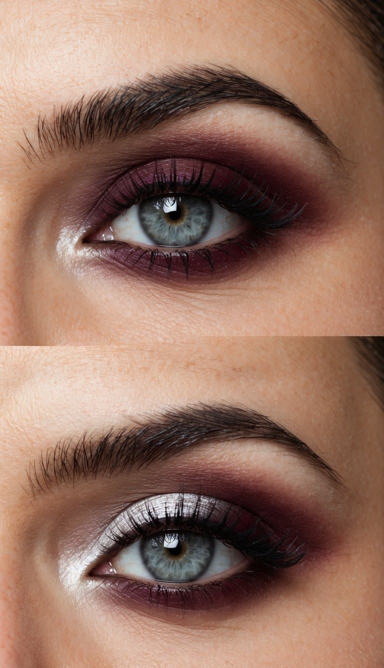 A close-up of maroon and silver eye makeup with bold and sophisticated contrast
