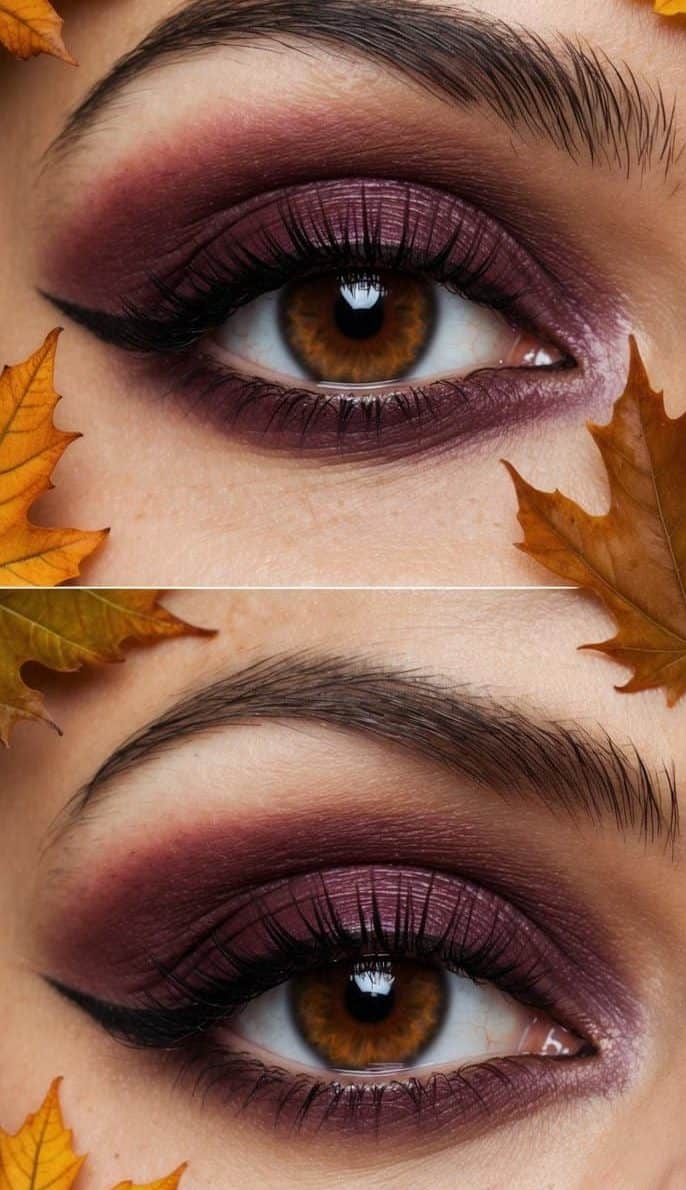A close-up of a pair of eyes with bold maroon eye makeup, surrounded by autumn leaves and a warm aubergine glow