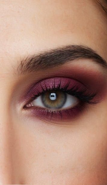 A close-up of a pair of eyes with bold and sophisticated maroon eye makeup, incorporating muted maroon tones