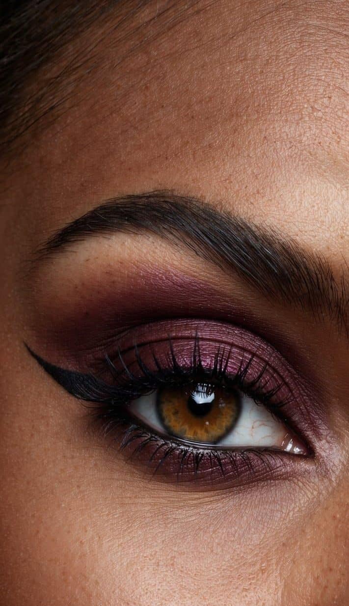 A close-up of maroon eye makeup with bold and sophisticated details, set against a rich mahogany background