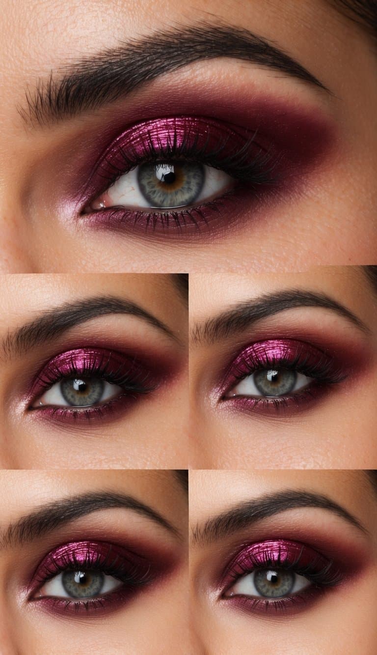 A close-up of a glistening maroon eye with bold and sophisticated makeup