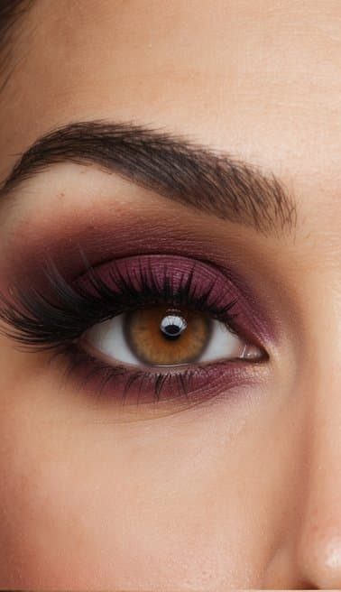 A close-up of a pair of eyes with bold and sophisticated maroon eye makeup, framed by long lashes and a warm sepia tint