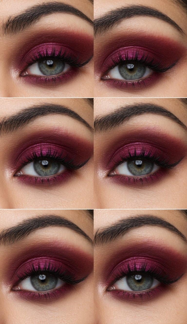 A close-up of maroon eye makeup with bold and sophisticated details