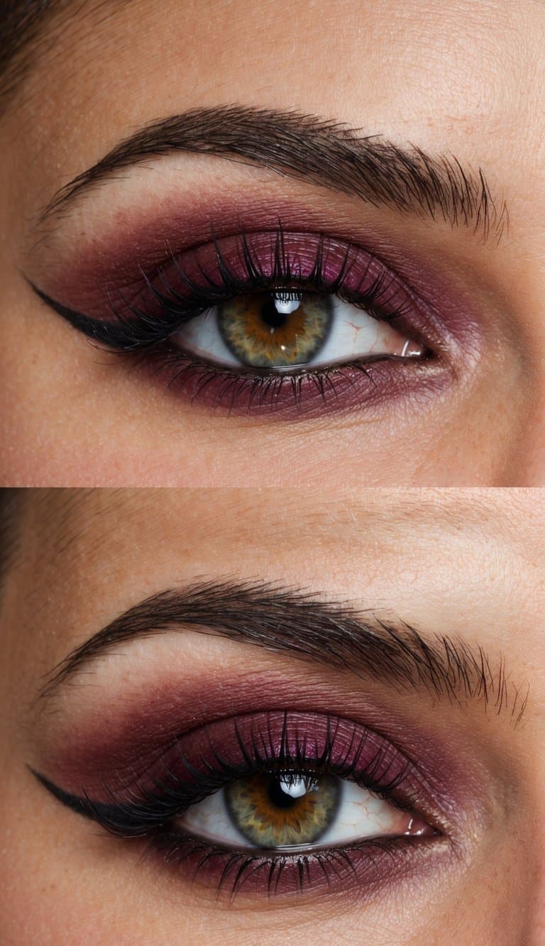 A close-up of a pair of eyes with bold and sophisticated maroon eye makeup, incorporating a Beaujolais Blend 50 color palette