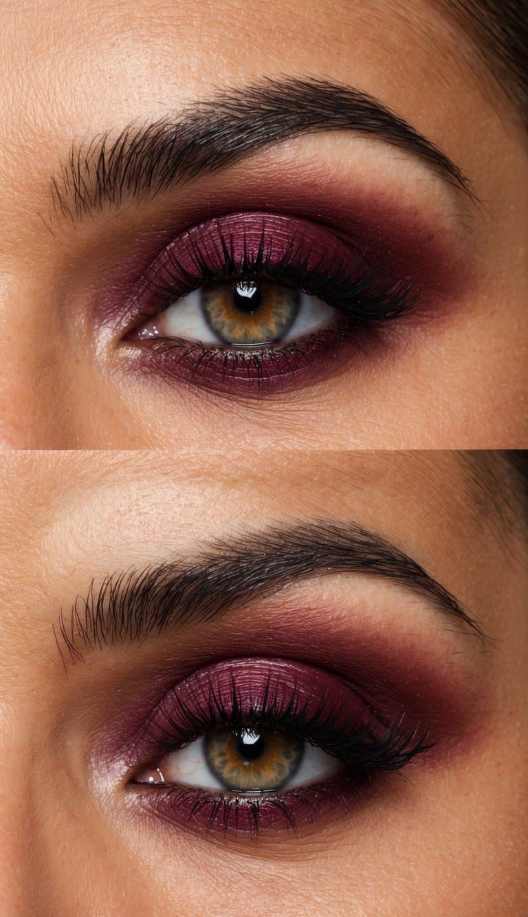 A golden hour scene with maroon eye makeup, casting a bold and sophisticated look