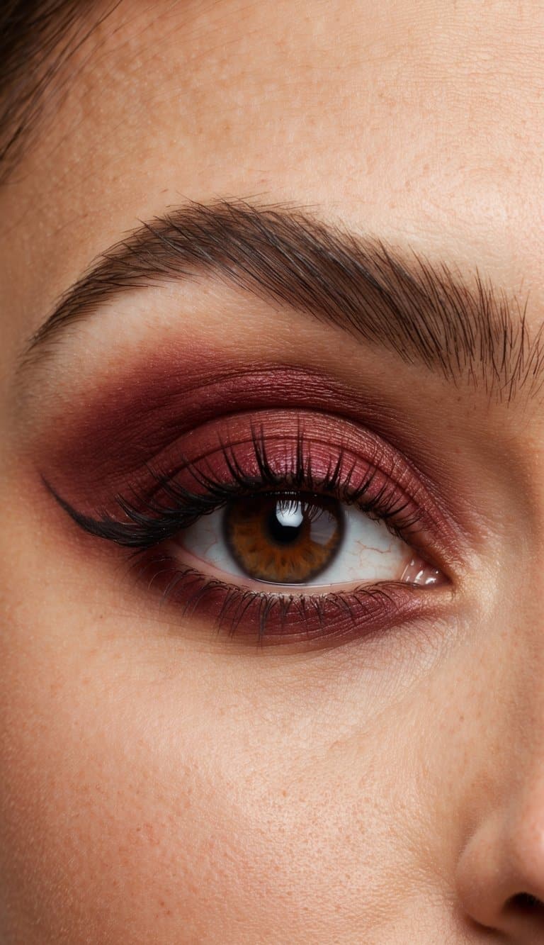 A close-up of a maroon eye with bold and sophisticated makeup, featuring rust and cranberry tones