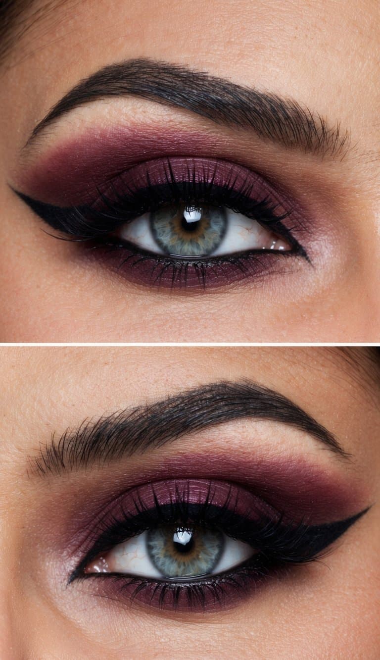 A close-up of a dramatic maroon eye makeup look with bold and sophisticated edges, against a gothic-inspired background
