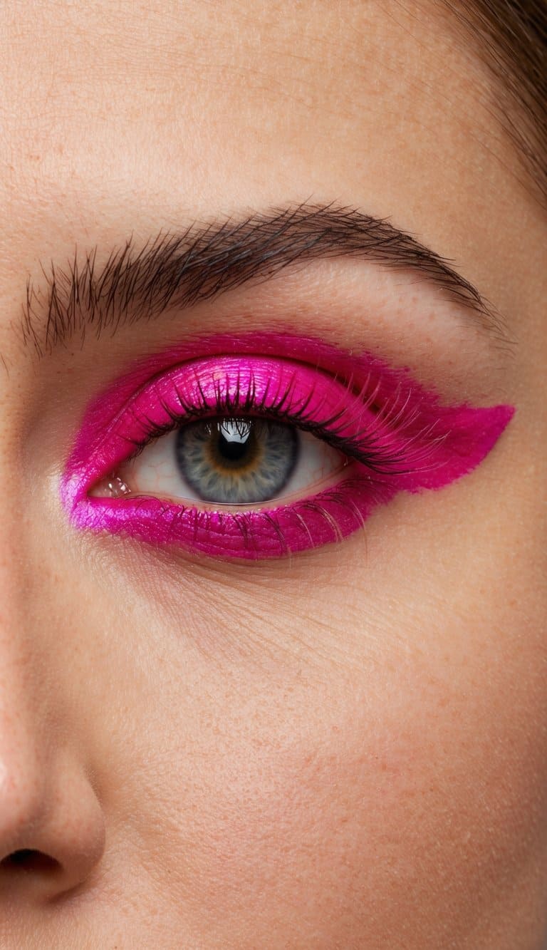 A metallic pink halo encircles vibrant hot pink eye makeup, creating a playful and bold look