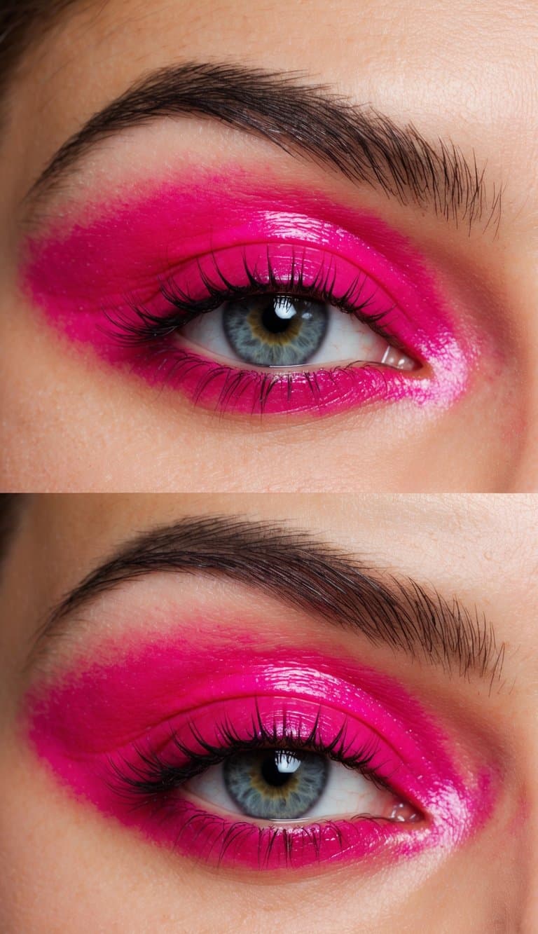 A close-up of vibrant hot pink eye makeup with glossy candy eyes as the focal point