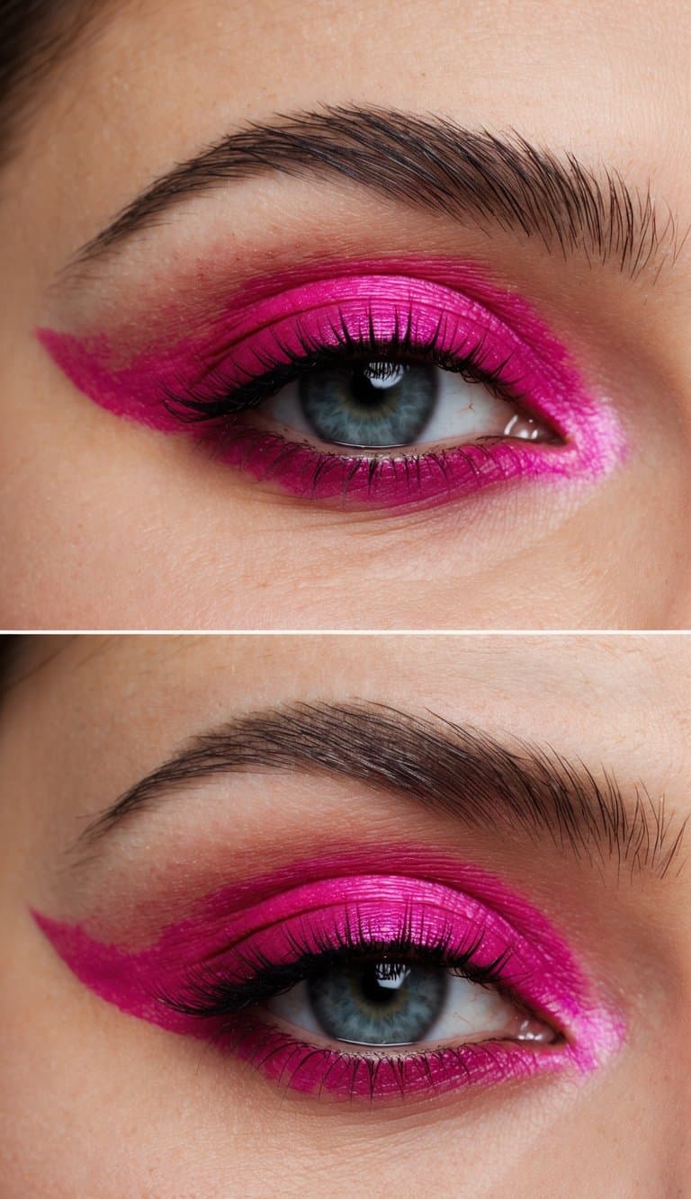 A close-up of a smoky rose eye with vibrant hot pink eyeshadow, blending seamlessly into the crease with a playful and bold look