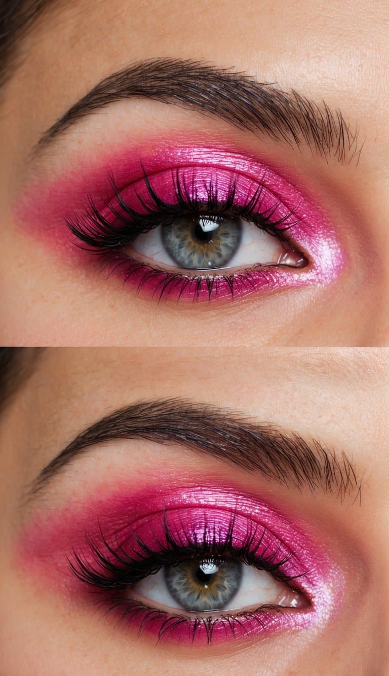 A holographic touch adds shimmer to a vibrant hot pink eye makeup look