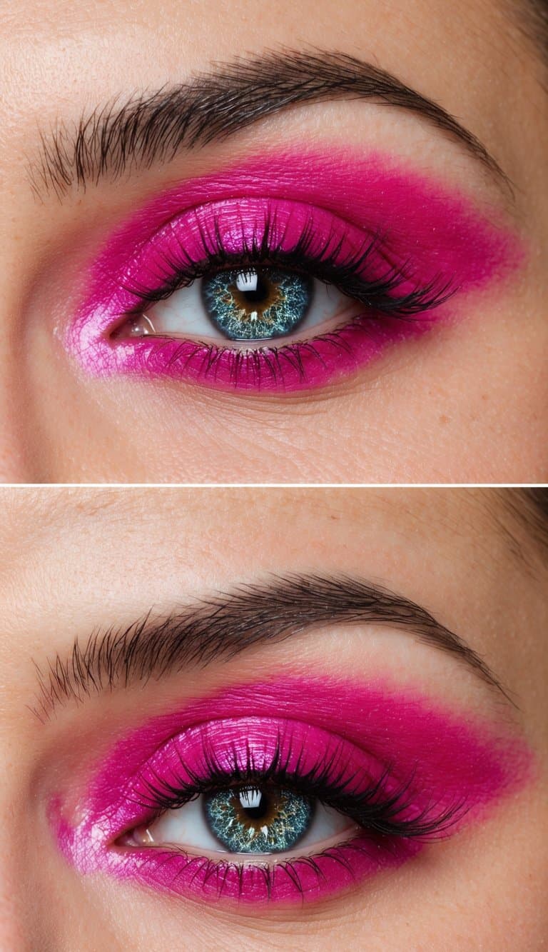 A vibrant and playful hot pink eye makeup look with shimmering disco dust, creating a bold and eye-catching appearance