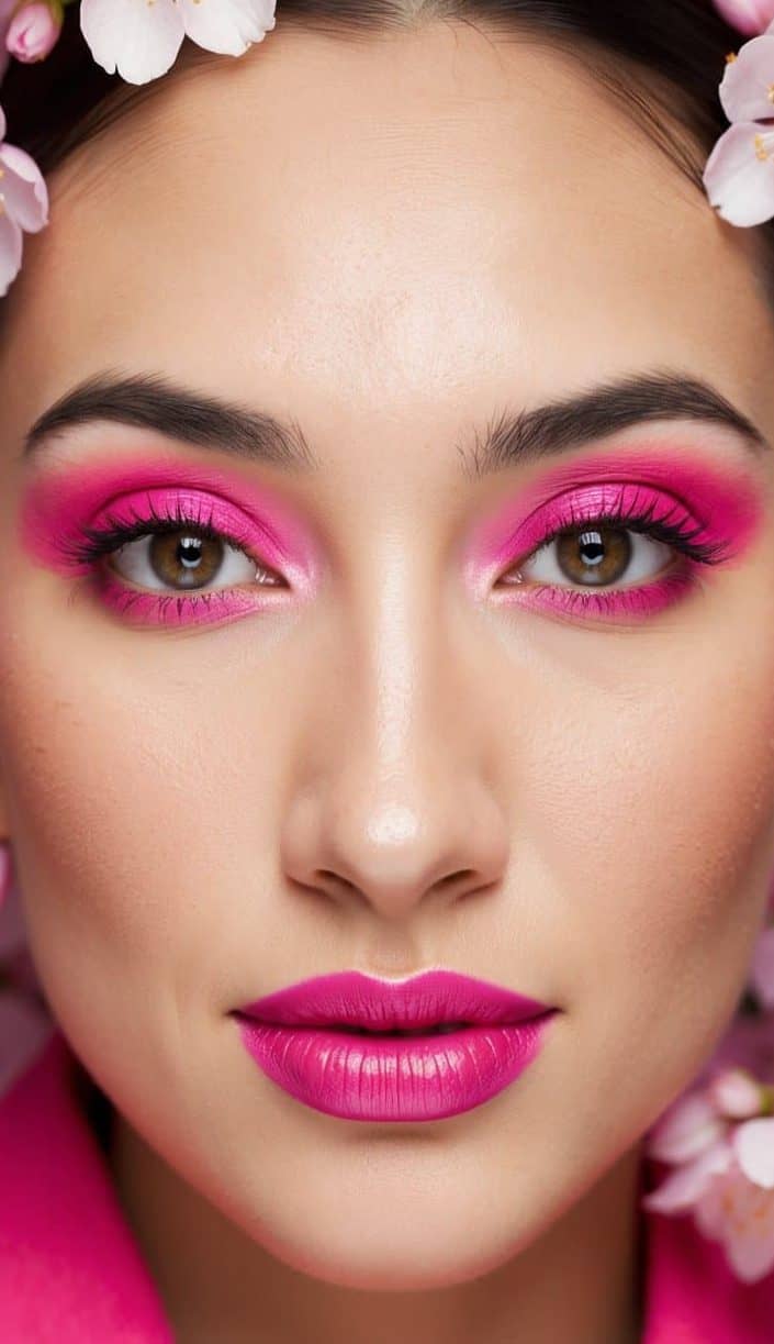 A close-up of vibrant hot pink eye makeup with sakura blossoms in the background, creating a playful and glowing look