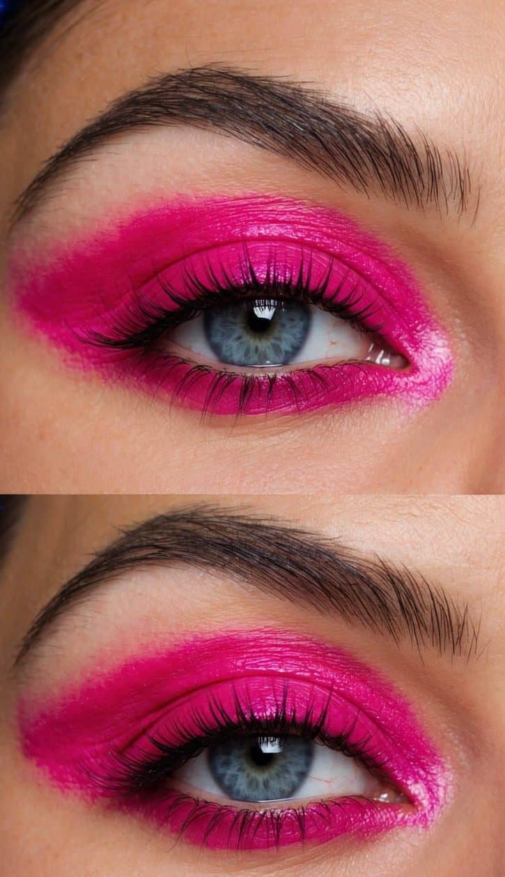 A close-up of vibrant hot pink eye makeup with starry night background