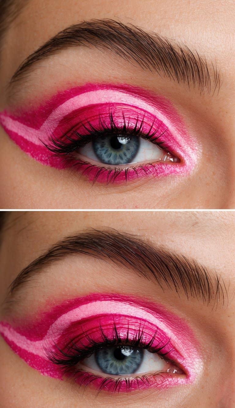 A close-up of vibrant hot pink eyeshadow with cotton candy swirls