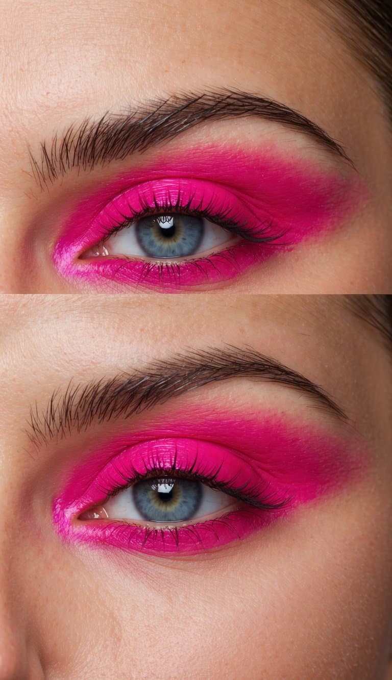 A close-up of vibrant hot pink eye makeup with frostbite pink hues, creating a playful and bold look