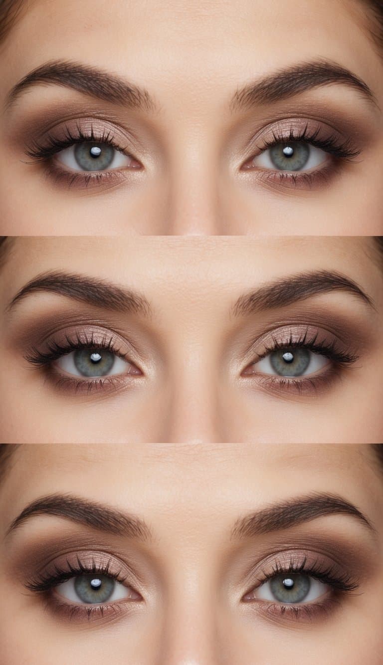 A close-up of a soft and subtle smokey eye makeup look with neutral tones, featuring a matte finish