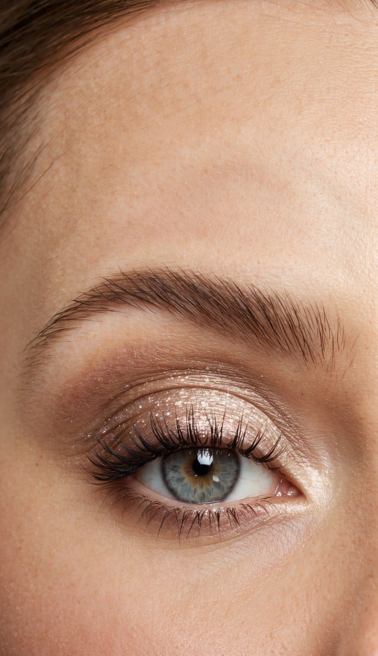 A close-up of a shimmering, soft and subtle smokey eye makeup look in neutral tones, with a hint of glitter for added glamour