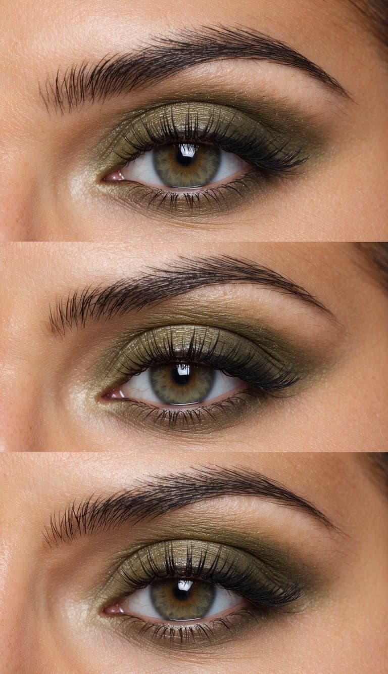 A close-up of an eyelid with a soft and subtle olive green smokey eye makeup look