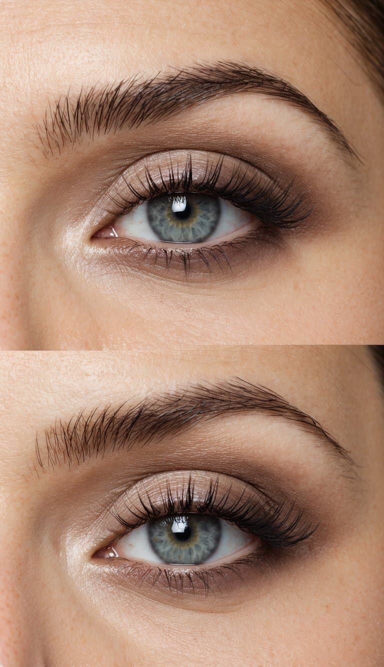 A close-up of a soft and subtle smokey eye makeup look using neutral tones, with a focus on the eyes