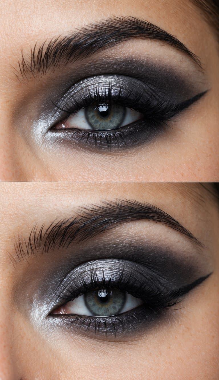 A close-up of a smoky silver monochrome eye makeup look, with a sleek and modern style