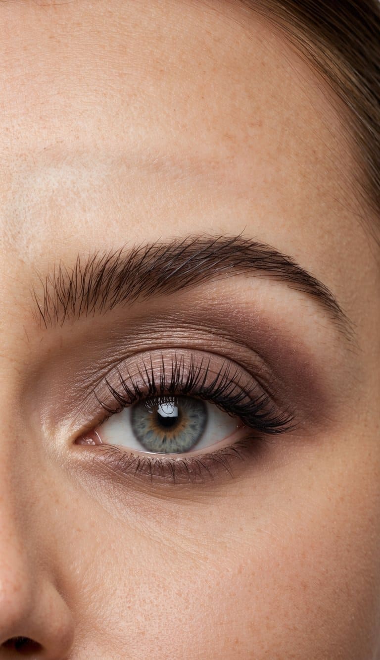 A close-up of a stylish and modern monochrome eye makeup look in muted mauve 50, featuring a subtle and sophisticated design
