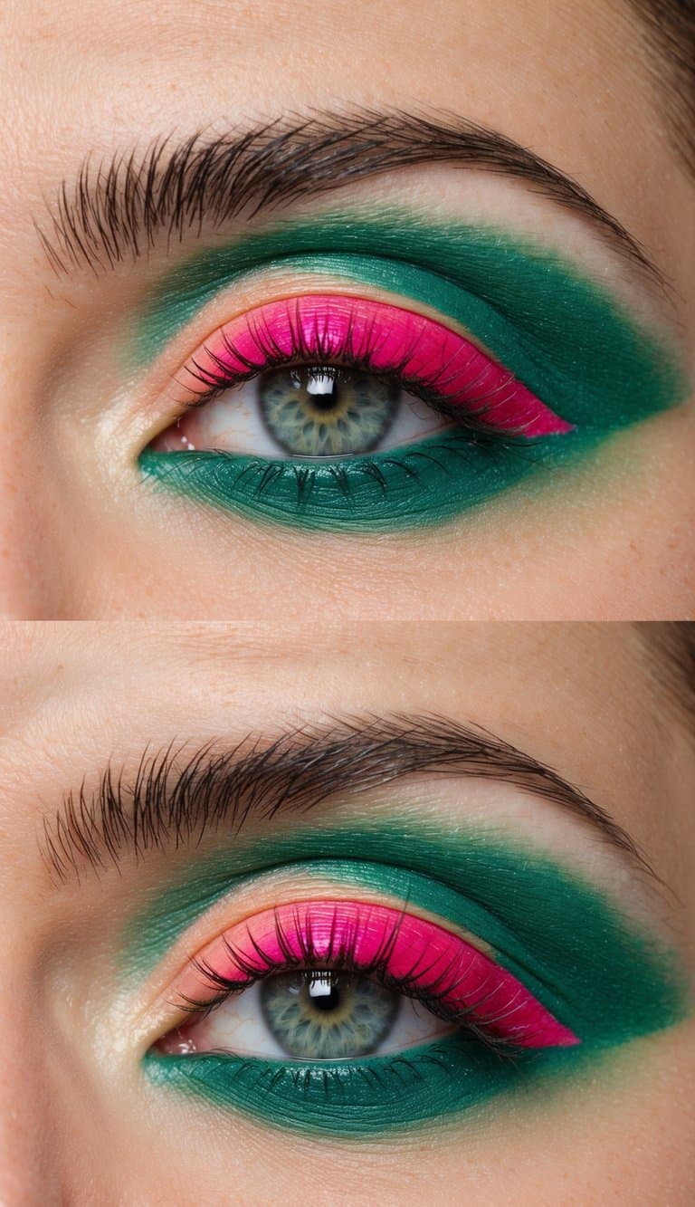 A close-up of a vibrant peach and sage ombre eye makeup look with bold pink and green colors