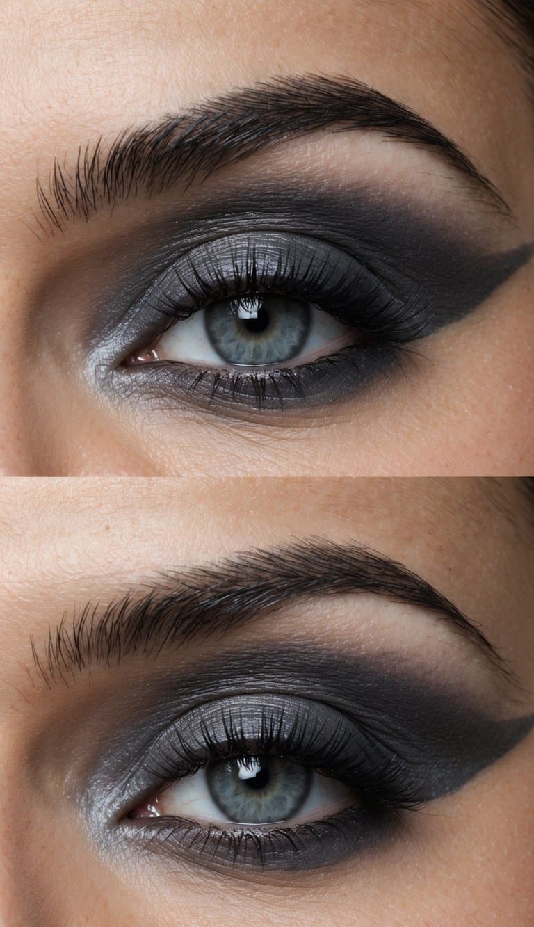 A close-up of a sleek and modern eye makeup look in slate gray monochrome, with a focus on the sinuous lines and shapes