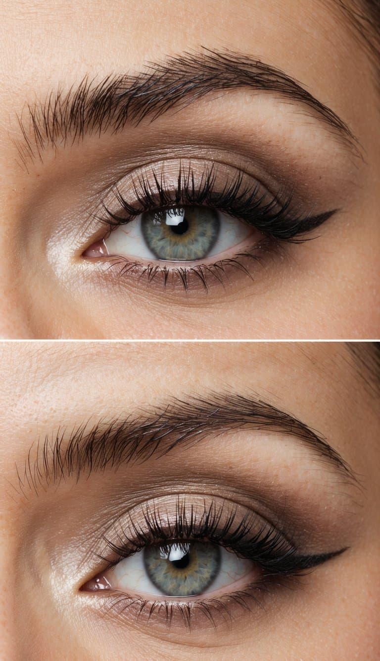 A close-up of a pair of eyes with a soft and subtle smokey eye makeup look in neutral tones