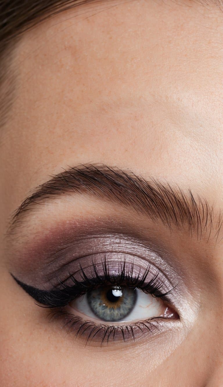 A close-up of a stylish and modern monochrome eye makeup look in ashy plum tones, featuring a sleek and sophisticated design