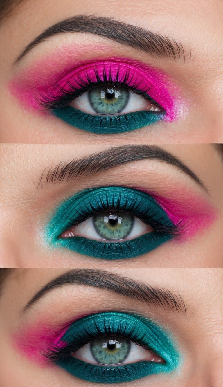 A close-up of bold and unique pink and green eye makeup with a vibrant teal and fuchsia fusion