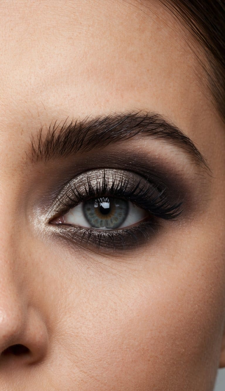 A close-up of a sleek and modern monochrome eye makeup look in soft gunmetal tones