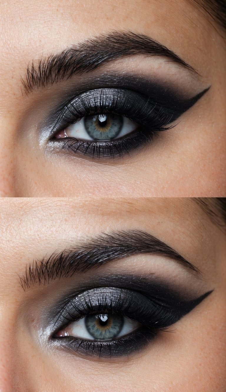 A close-up of a sleek, modern eye with monochrome graphite makeup, creating a stylish and edgy look