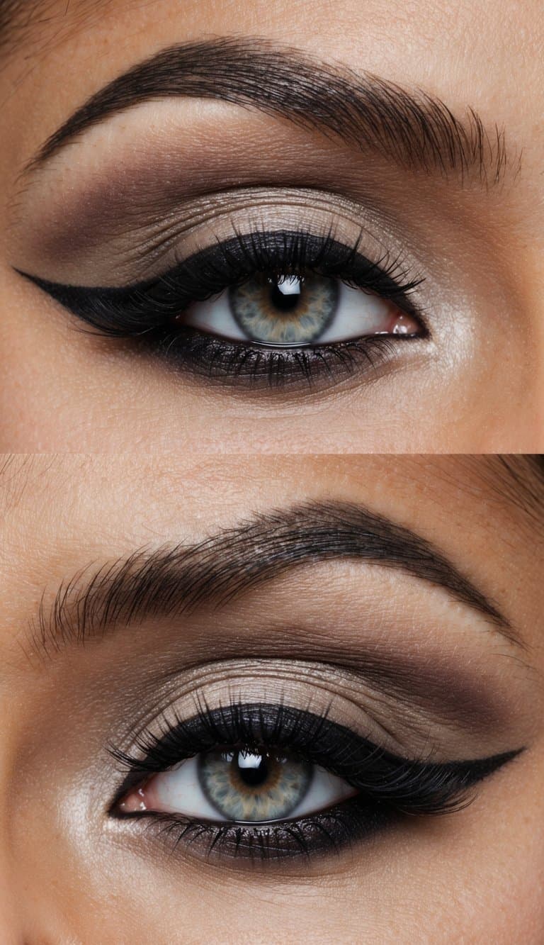 A close-up of a stylish and modern monochrome eye makeup look in Velvet Taupe 50, featuring a sinuous and elegant design