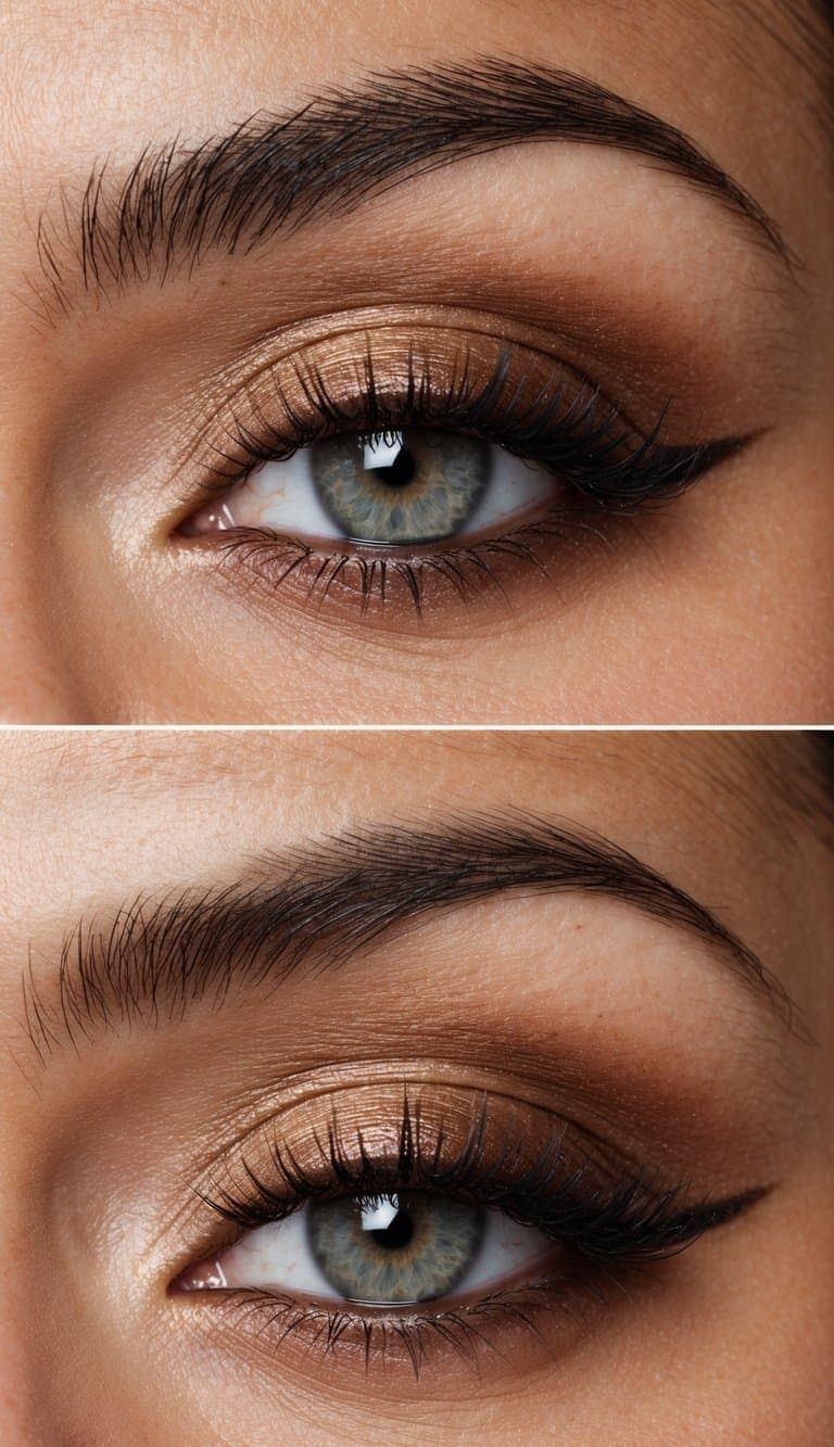 A bronzed espresso eye with soft and subtle smokey makeup, featuring neutral tones and a light touch