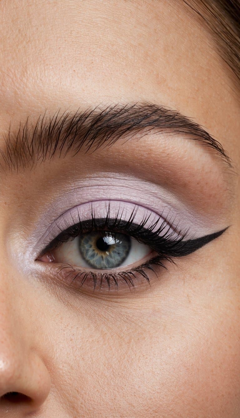 A close-up of a stylish and modern monochrome eye makeup look in pale lilac 50, featuring a sleek and sinuous design