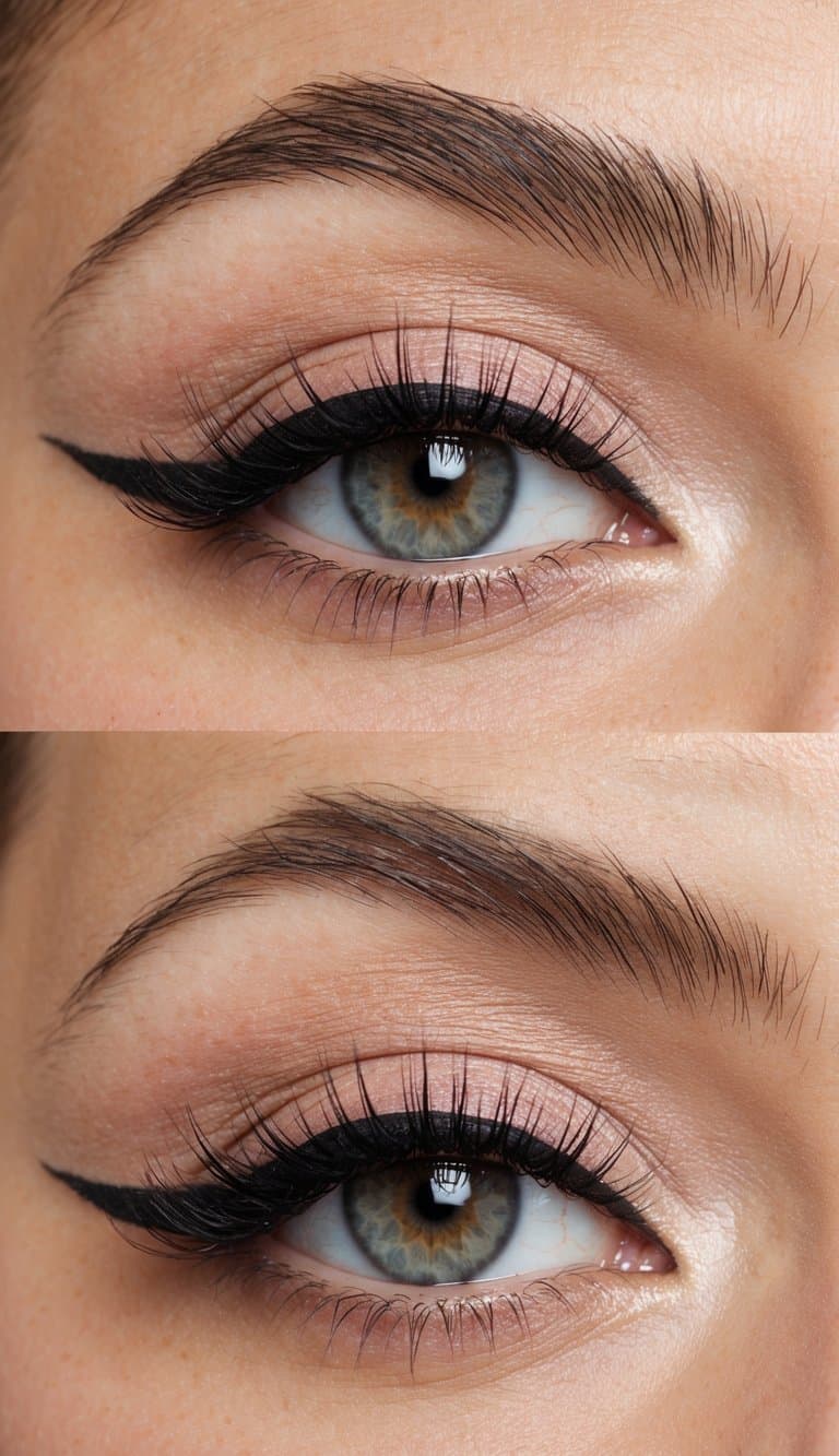 A close-up of a stylish and modern monochrome eye makeup look in a bisque pink shade