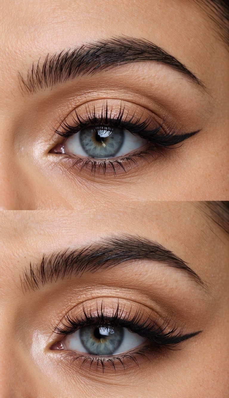 A close-up of a stylish and modern monochrome eye makeup look in frosted peach tones