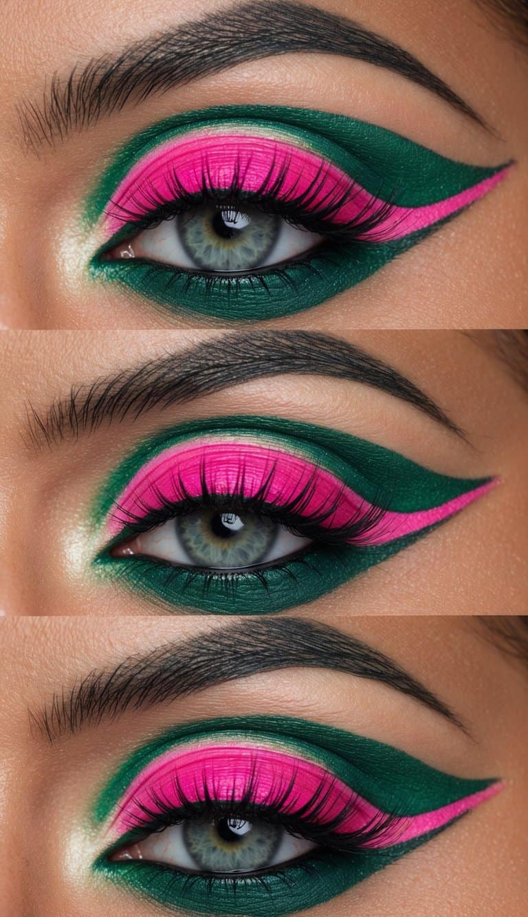 A close-up of a bold and unique pink and green eye makeup look with a pink smokey wing