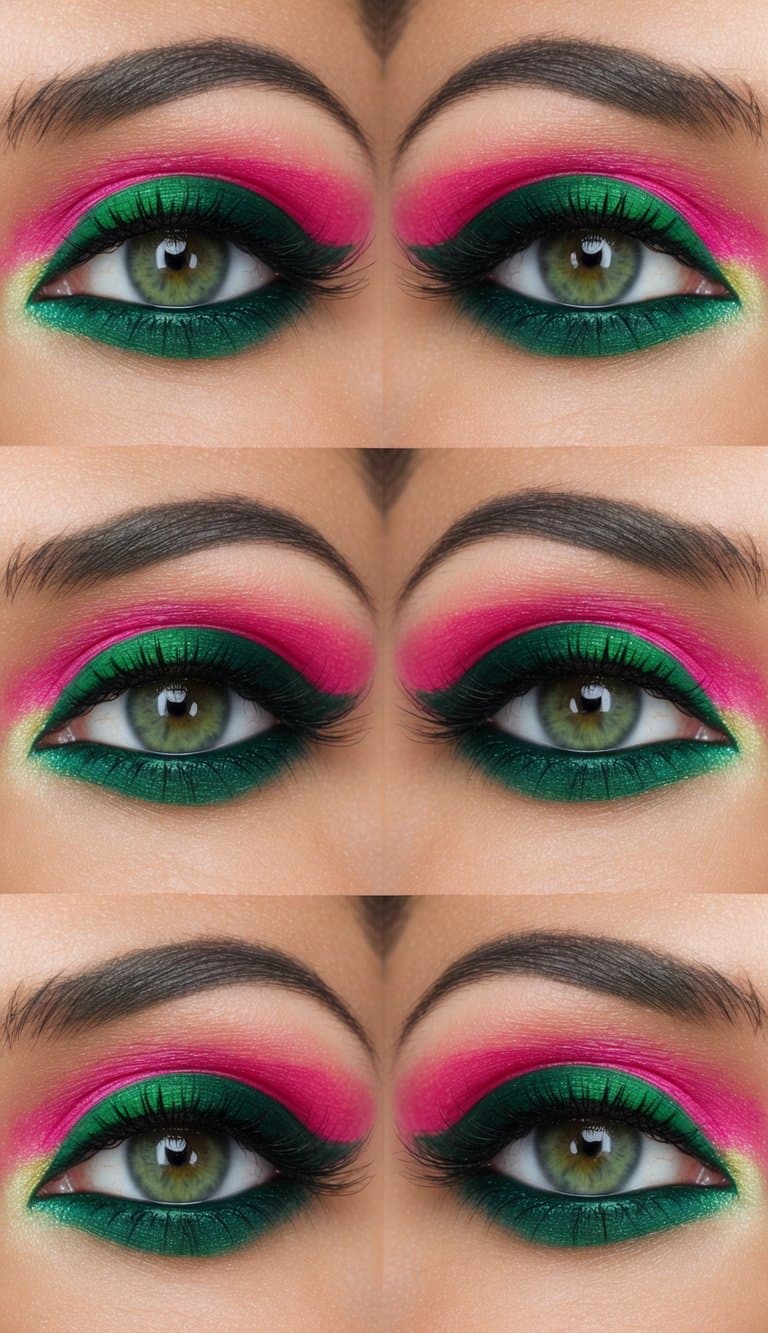 A vivid green halo of eye makeup with bold pink and green colors