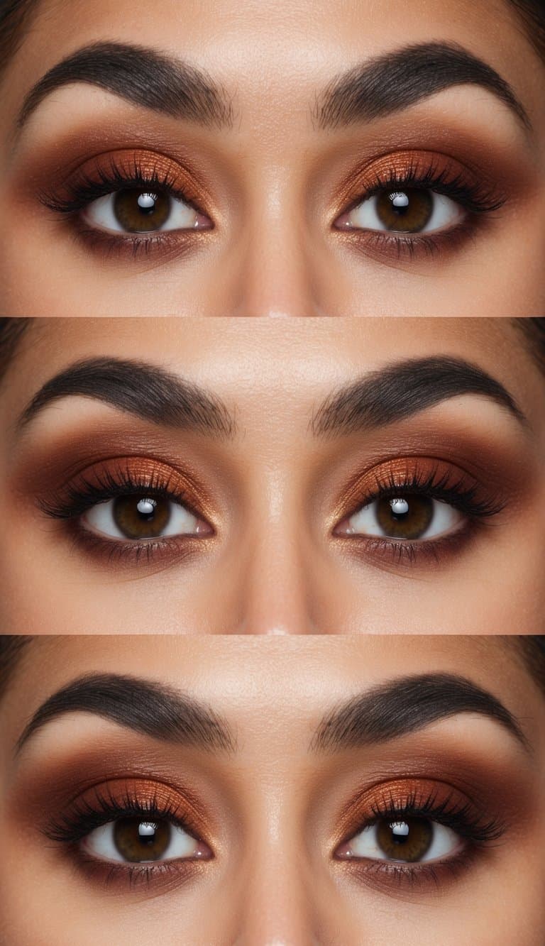 A sleek and modern monochrome eye makeup look in a rich auburn spice color palette