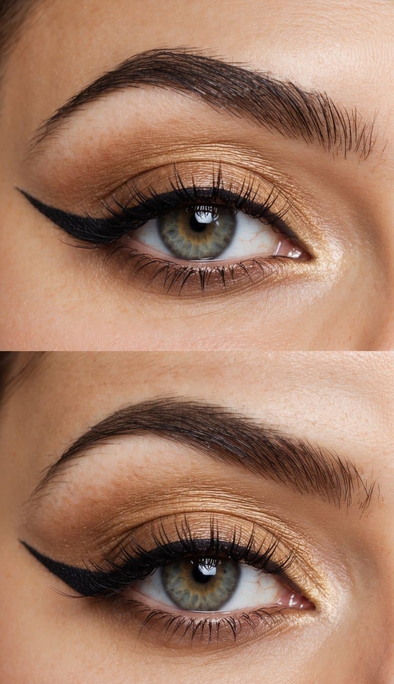 A close-up of a stylish and modern eye with neutral ochre monochrome makeup, featuring a hint of sin