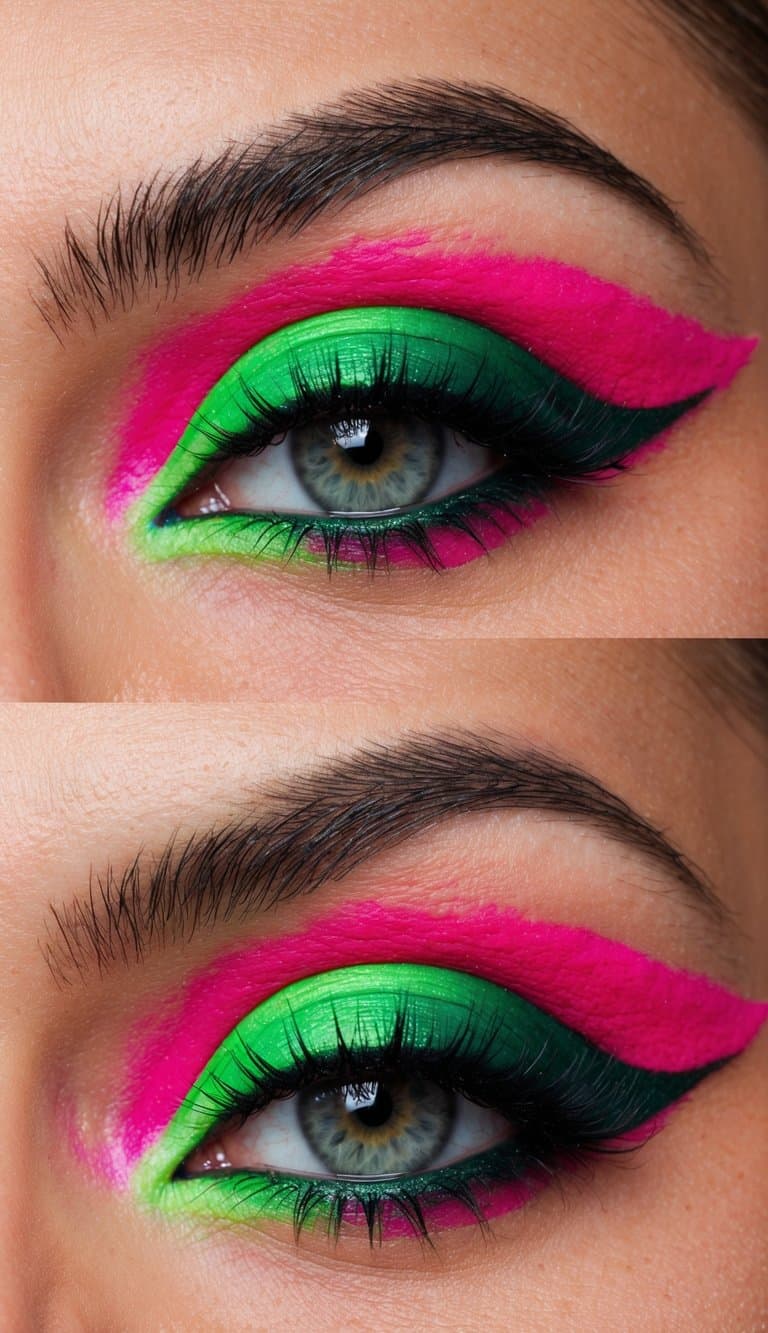 A close-up of vibrant pink and green eye makeup with a neon twist