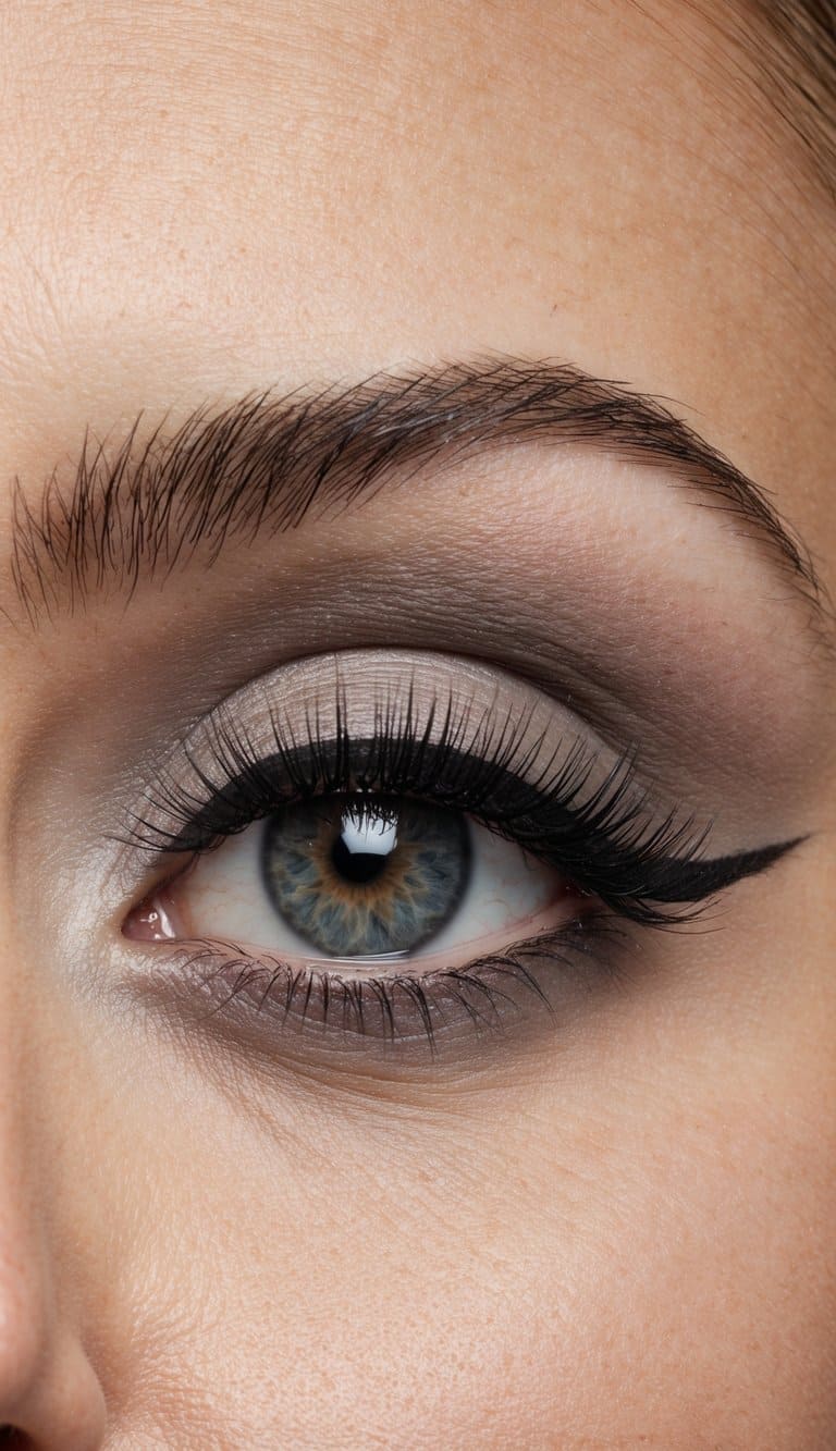 A close-up of a stylish and modern monochrome eye makeup look in dove gray, featuring a sinuous and elegant design