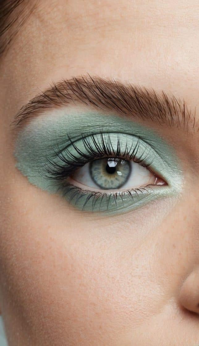 A close-up of a single eye with modern monochrome mint eye makeup, featuring a powdery texture and a stylish, sleek appearance