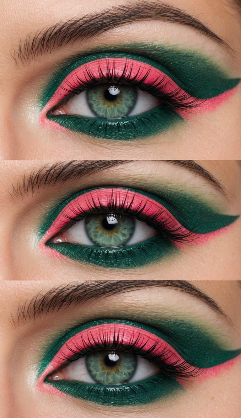 A close-up of a pair of eyes with bold, unique pink and green eye makeup, showcasing a subtle coral flick